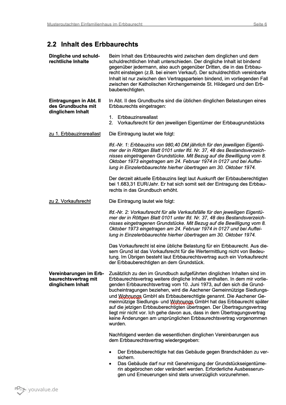 Mustergutachten Einfamilienhaus im Erbbaurecht - Youvalue