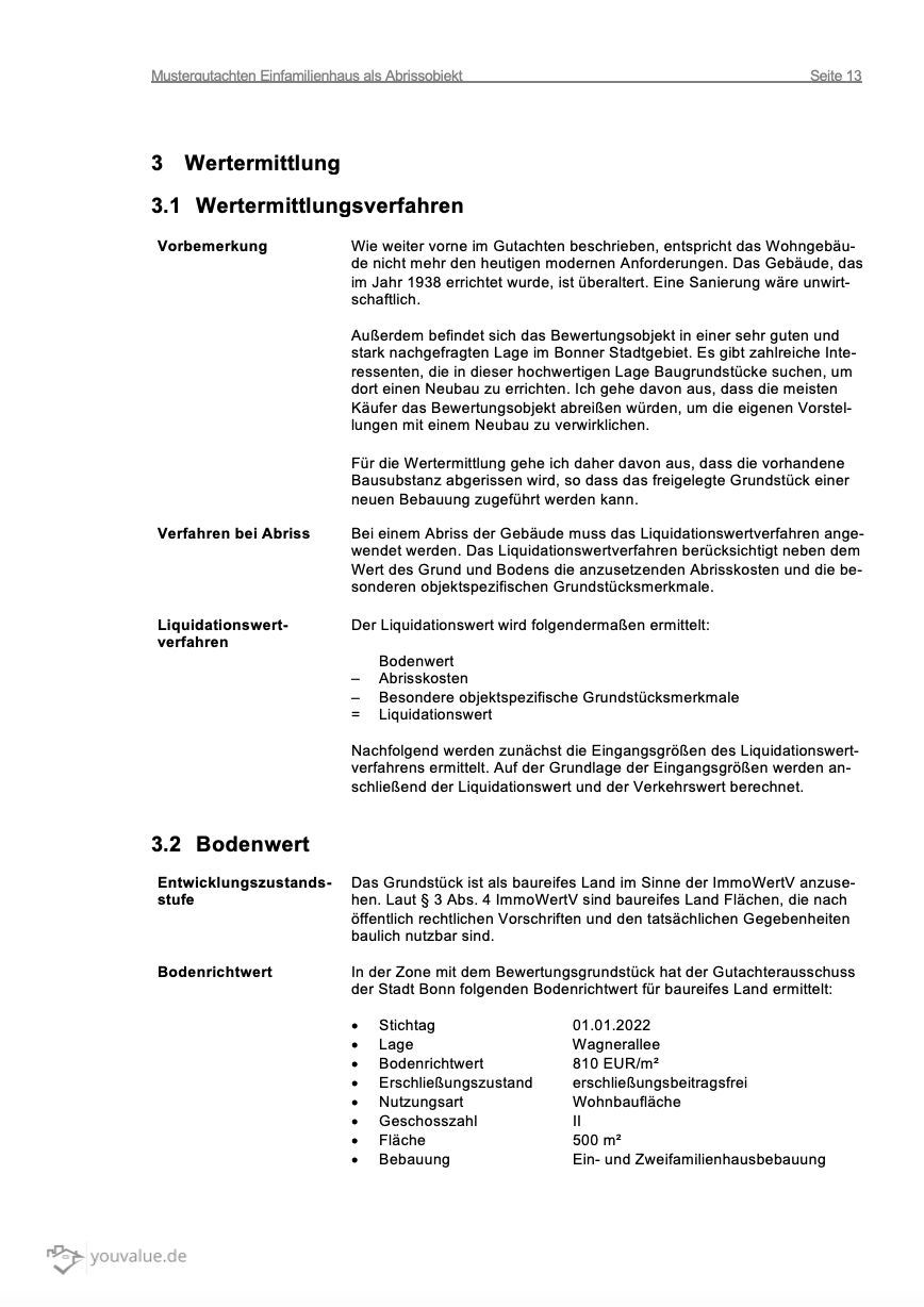 Mustergutachten Einfamilienhaus als Abrissobjekt - Youvalue